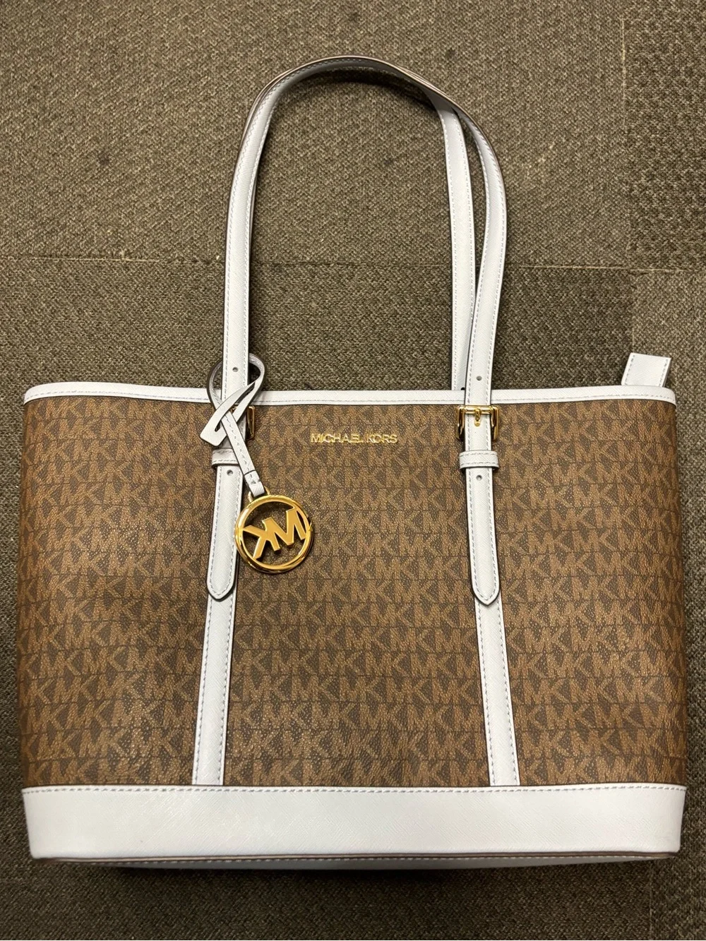 Michael Kors Brown Signature Logo Tote with White Trim